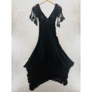 Ona Saez Dress Womens 1 Black Midi Crochet Bead Sequins Goth Boho Witch Fringe*